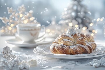 Capture the festive mood of a Swedish fika with cinnamon buns and coffee. 