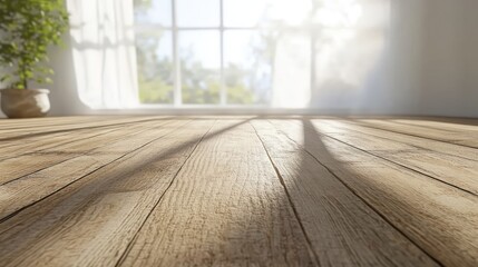 Empty Wooden Table By Window With Sunlight
