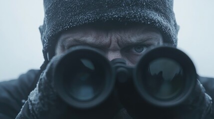 Man in Winter Using Binoculars for Observation
