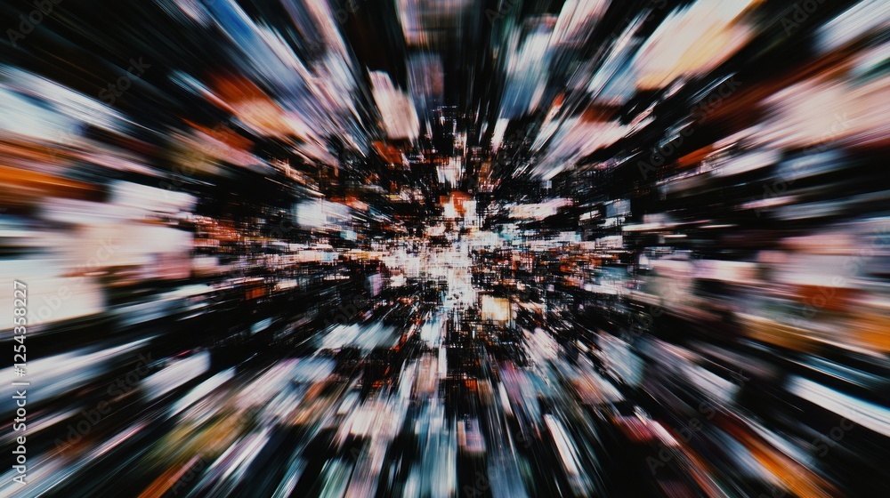 Poster abstract digital artwork depicting a burst of colors and lights, creating a sense of motion and dept