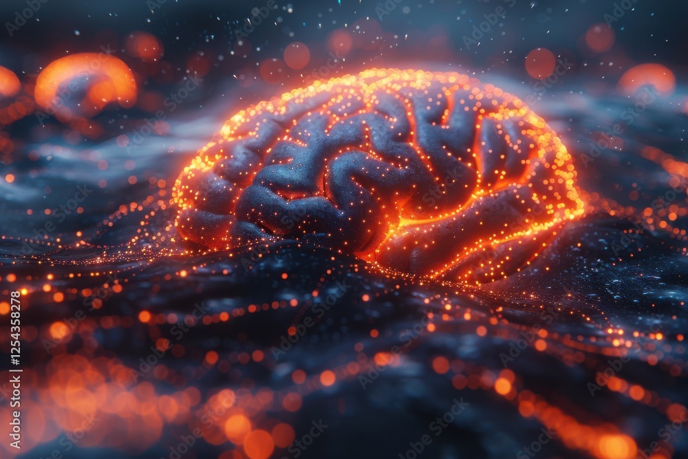 Poster close up of brain combined or merging with technology, line connecting on black background.