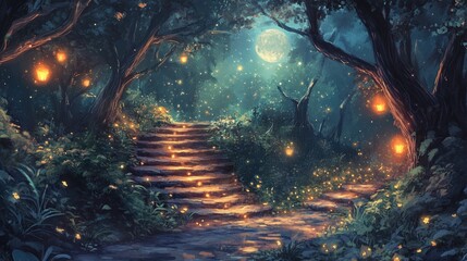 Enchanted forest pathway illuminated by glowing orbs, leading to a moonlit clearing surrounded by trees