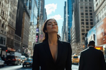 Fototapeta premium Woman in Black Blazer Eyes Closed City Street