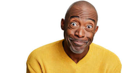 Playful senior man smiling and raising eyebrows with transparent background