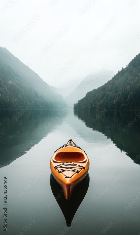 Poster kayak floats serenely on a tranquil mountain lake surrounded by misty peaks at dawn. generative ai