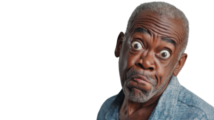 Shocked senior man making funny face on transparent background