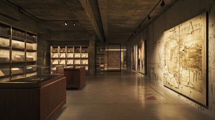 Modern Art Gallery Interior with Unique Exhibits and Ambient Lighting