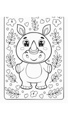 Cute Rhinoceros Animal Mammal Coloring Kid Book Page in Black and White. Monochrome and Colored Samples
