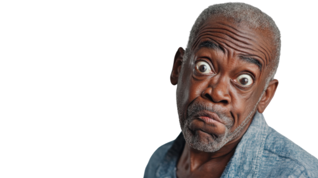 Shocked senior man making funny face on transparent background