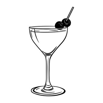 cocktail glass with cherries, black and white clip art preview