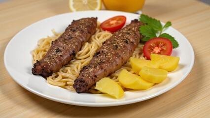 Delicious Grilled Kebab with Spaghetti, Potatoes, and Tomatoes