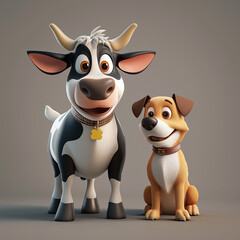3D Cartoon Style Cow and Dog