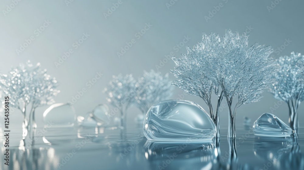 Poster glass forest with abstract tree shapes creating glowing reflections in a serene landscape at twiligh
