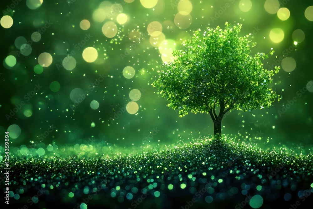 Poster lush green tree standing alone on a vibrant, sparkling meadow with bokeh lights creating a magical a