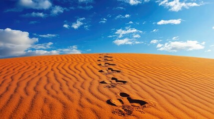 Footprints leading across a desert dune under a blue sky