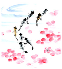 水墨技法で描いたメダカと桜の花びら