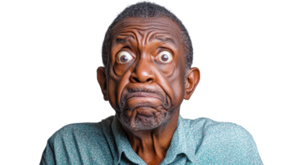 Senior man making grimacing confused face expression with transparent background