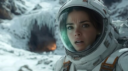 Astronaut Woman Gazing In A Snowy Alien Landscape