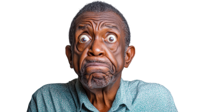 Senior man making grimacing confused face expression with transparent background