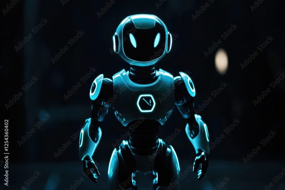 Poster Glowing humanoid robot stands centered against a dark background showcasing minimalist design and innovative technology. Generative AI