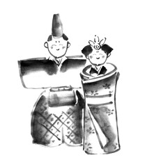 水墨技法で描いた立雛（白黒）