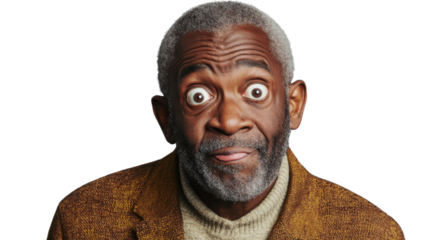 Surprised senior man making funny face with wide opened eyes and sticking out tongue on transparent background