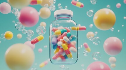 A floating prescription bottle releases colorful pills into transparent water, surrounded by tiny bubbles.