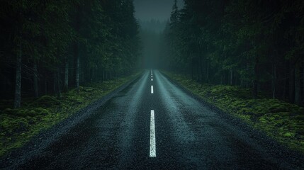 Rainy road through dark forest, misty background, travel concept