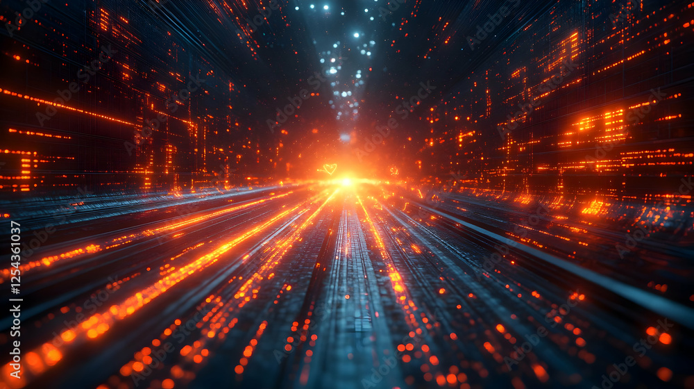 Poster vibrant digital tunnel with glowing lines and particles, representing speed and technology