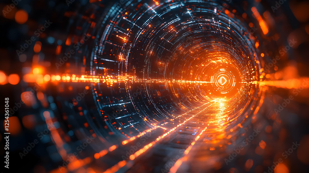 Poster futuristic tunnel with glowing lines and digital particles in motion