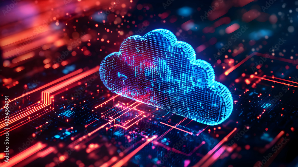 Poster futuristic digital cloud symbolizing data storage on a tech background