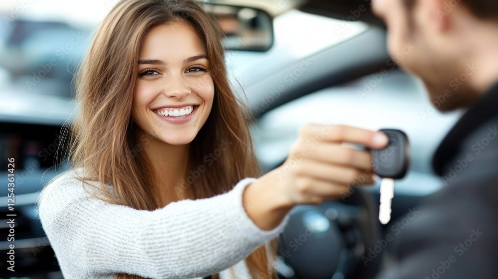 Wall mural Woman receiving keys of her new car from dealer 