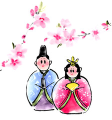 水墨技法で描いたお雛様と桃の花