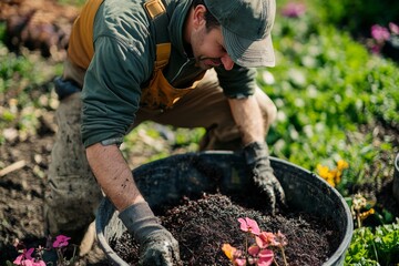 Fototapeta premium Farmer tending plants in a green garden