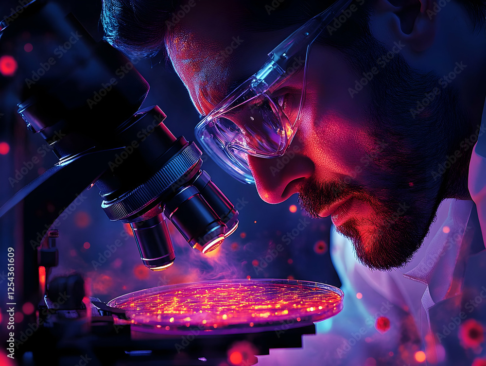 Poster scientist examining vibrant samples under a microscope in a dark lab environment