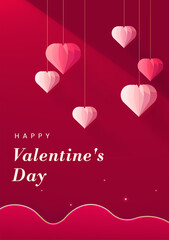 Valentine's Day poster design origami style pink hearts hanging on a red background