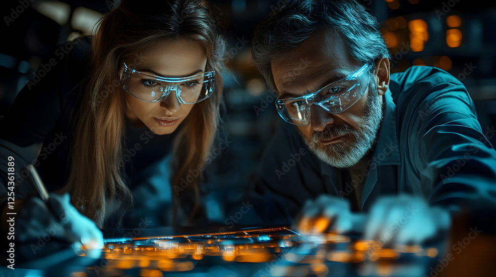 Poster two engineers collaborating on a digital interface in a high-tech lab at night