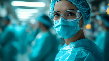 Medical professional in scrubs and mask, focused in a busy hospital setting