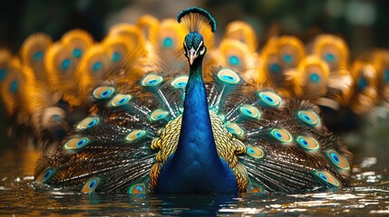 Majestic peacock displaying its vibrant feathers by a serene water body, surrounded by lush greenery
