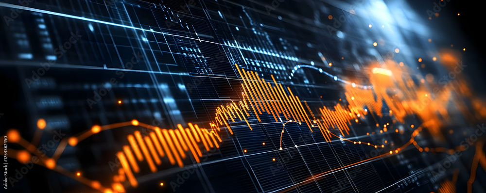 Poster abstract data visualization with glowing graphs and digital elements in blue