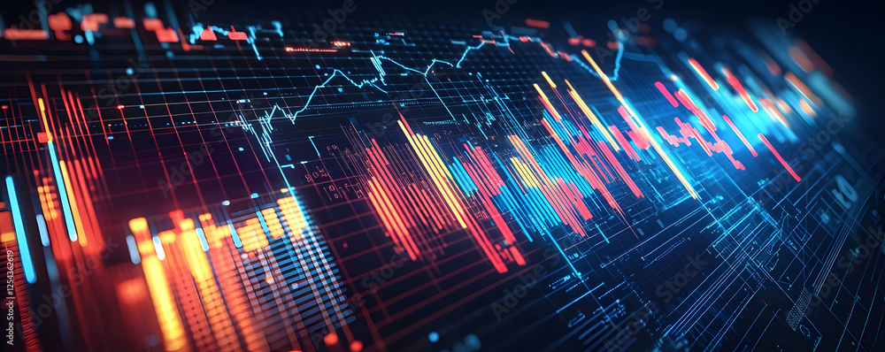 Poster vibrant digital financial data visualization with colorful charts and graphs