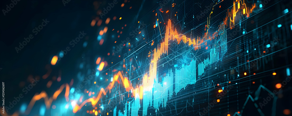 Poster vibrant financial data visualization with dynamic charts and glowing elements
