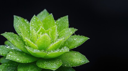 Dew-kissed succulent, dark background, nature photography, ideal for wellness websites
