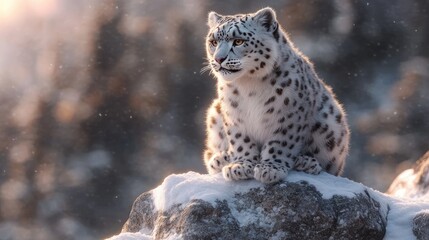 Snow leopard perched on a rocky outcrop in a snowy landscape, sunlight filtering through trees