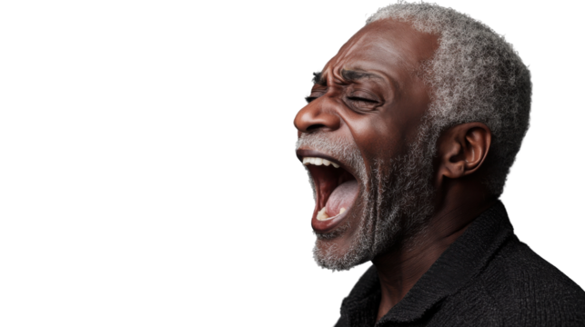 Senior man shouting with transparent background: expressing fury and emotion