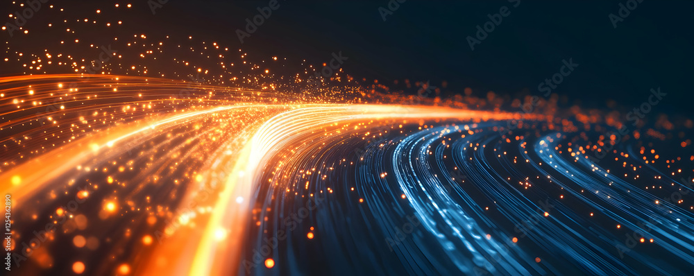 Poster vibrant abstract light trails in dynamic motion against a dark background