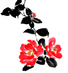 水墨技法で描いた八重椿