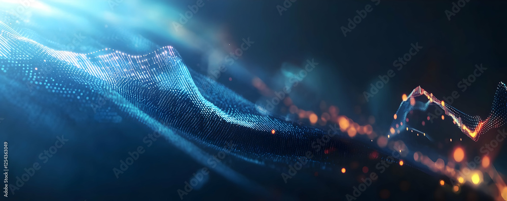 Poster abstract digital wave with glowing particles in a dark background