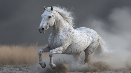 Majestic white horse galloping through a dusty field under a dramatic cloudy sky