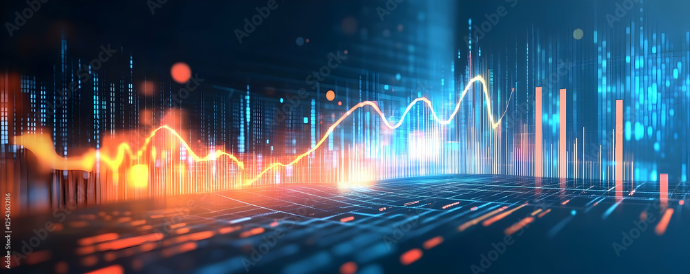 Poster abstract digital visualization of data trends with vibrant colors and patterns